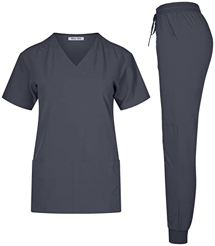 Minty Mint Women's Lightweight Durable Solid 4-way Stretch Medical Uniform Scrub Set V Neck Top Cargo Tapered Jogger Pants Nurse Veterinarian LvE3A Grey L