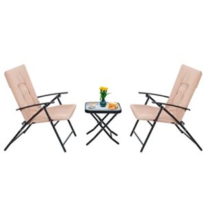 joytio 3-piece folding patio bistro dining set, outdoor dining furniture set with 2 folding reclining chairs with cushion and 1 folding glass table - beige
