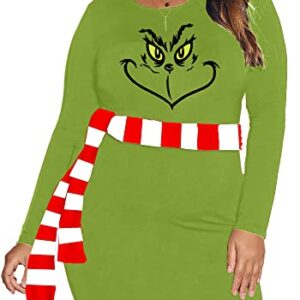 Christmas Grinch Dress for Women Ugly Holiday Party Winter Dresses with Scarf Grinch Costume S