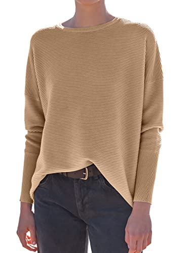 ANRABESS Women's Oversized Crewneck Sweaters Long Batwing Sleeve Ribbed Slouchy Casual Jumper with Slit Pullover Top Fashion 2023 Fall Winter 725shenxing-L Khaki