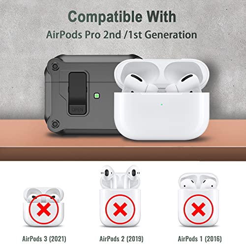 RFUNGUANGO AirPods Pro 2nd Generation/1st Generation Case Cover with Secure Lock Clip,Automatic Pop-up Case Full-Body Shockproof Hard Protective Cover for AirPods Pro 2 Case(2022/2019) - Black
