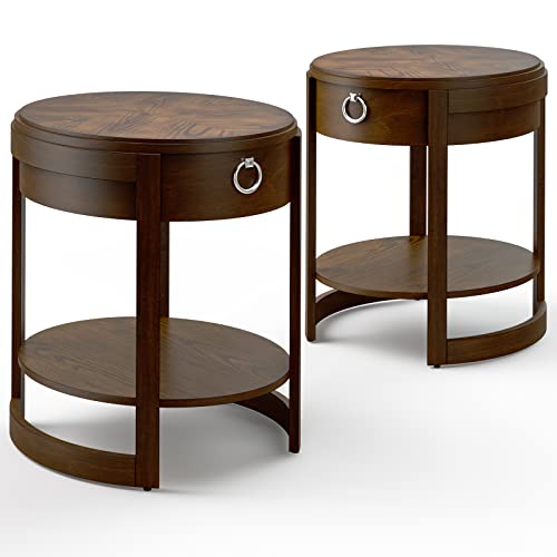 Giantex End Table with Drawer Set of 2, Oval Round Retro Side Table with Open Storage Shelf, Wood Sofa Bedside Tables for Small Space, Night Stand for Living Room Bedroom, Vintage Walnut