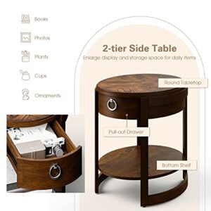 Giantex End Table with Drawer Set of 2, Oval Round Retro Side Table with Open Storage Shelf, Wood Sofa Bedside Tables for Small Space, Night Stand for Living Room Bedroom, Vintage Walnut