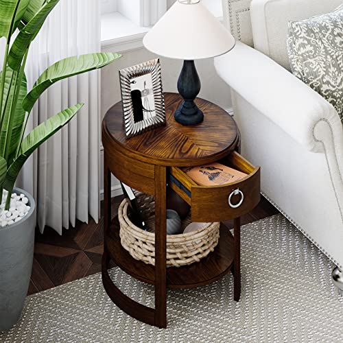 Giantex End Table with Drawer Set of 2, Oval Round Retro Side Table with Open Storage Shelf, Wood Sofa Bedside Tables for Small Space, Night Stand for Living Room Bedroom, Vintage Walnut