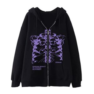 women men y2k goth skeleton zip up hoodie, korean alt grunge winter fall dark academia harajuku punk emo hooded jacket (bkp,xxxl,3x-large)