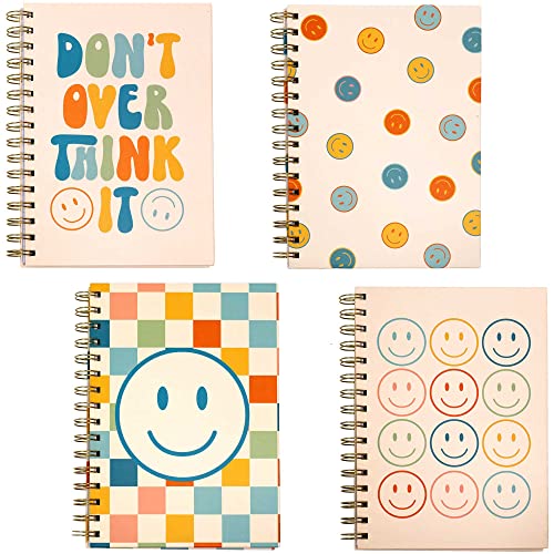 Cute Notebooks for School 4 Pack, A5 5.8 x 8.3 inch Happy Face Hardcover Notebooks for Work, Retro Aesthetic Notebooks College Ruled, Cute Spiral Journal for Women, Back to School Notebook for Kids