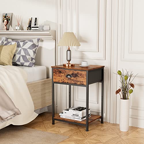 End Table with Storage Shelf and Fabric Drawer, 2 Tiers Industrial Nightstand, Retro Bedside Table Organizer, 23.6 Inch Tall Side Table for Living Room Bedroom, Rustic Brown and Black, Easy Assembly