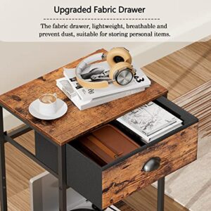 End Table with Storage Shelf and Fabric Drawer, 2 Tiers Industrial Nightstand, Retro Bedside Table Organizer, 23.6 Inch Tall Side Table for Living Room Bedroom, Rustic Brown and Black, Easy Assembly