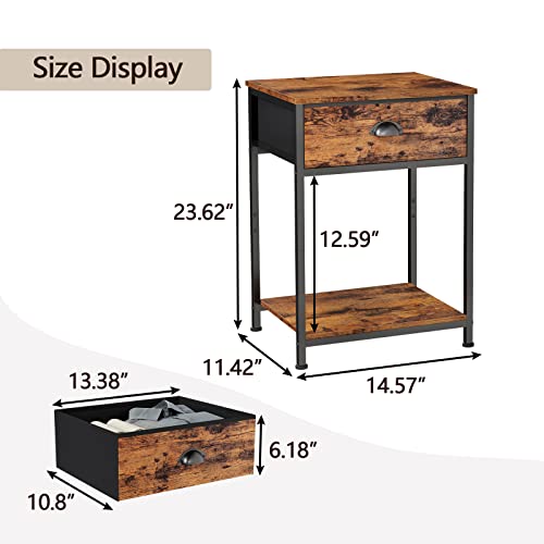 End Table with Storage Shelf and Fabric Drawer, 2 Tiers Industrial Nightstand, Retro Bedside Table Organizer, 23.6 Inch Tall Side Table for Living Room Bedroom, Rustic Brown and Black, Easy Assembly