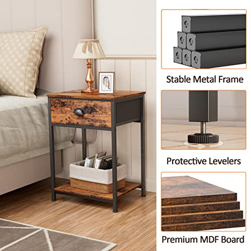 End Table with Storage Shelf and Fabric Drawer, 2 Tiers Industrial Nightstand, Retro Bedside Table Organizer, 23.6 Inch Tall Side Table for Living Room Bedroom, Rustic Brown and Black, Easy Assembly