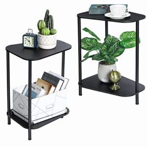 nandae small side table set of 2, 2 tier bamboo end table corner table wedge snack table with rounded corner for small space, living room, black