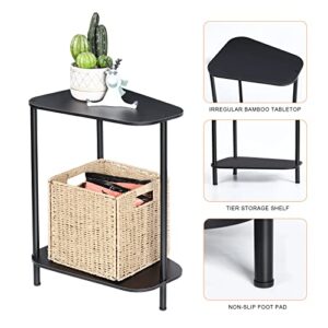 Nandae Small Side Table Set of 2, 2 Tier Bamboo End Table Corner Table Wedge Snack Table with Rounded Corner for Small Space, Living Room, Black