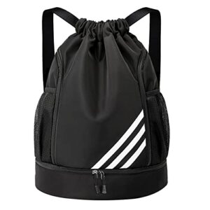 oziral drawstring backpack water resistant string bag gym sports with shoe compartment side mesh pockets for women men (black)