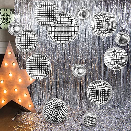 30 Pcs Disco Ball Balloons 32" 22" 10" 4D Disco Balloons 70s Disco Party Decorations Round Metallic Silver Disco Foil Balloons Mirror Disco Balloons for Disco Dance Party Birthday Wedding Supplies