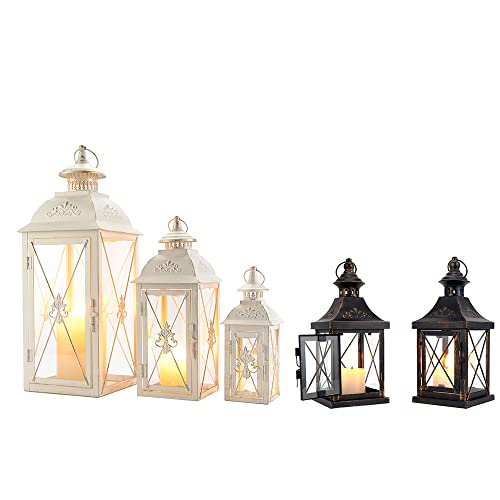 TRIROCKS Set of 3 Decorative Hanging Lantern 19'' High Vintage Metal Candle Holder&Set of 2 Decorative Candle Lantern 11'' High Metal Candle Holder