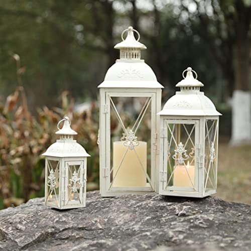 TRIROCKS Set of 3 Decorative Hanging Lantern 19'' High Vintage Metal Candle Holder&Set of 2 Decorative Candle Lantern 11'' High Metal Candle Holder