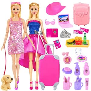 34 pack fashion 11.5 inch girl doll clothes and accessories travel luggage suitcase set with dress backpack hat glasses puppy food toys etc (no doll)