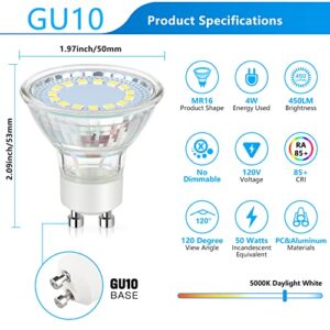 Maylaywood GU10 LED Light Bulbs, 50 Watt Halogen Equivalent, Daylight White 5000K, 450 Lumens, Non-Dimmable, 4W LED Bulb Replacement for Recessed Track Lighting, 120 Degree Flood Beam, 5-Pack