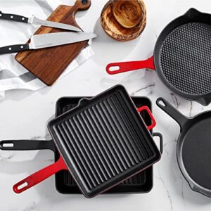 Voeux Kitchenware-Cast Iron Square Grill Pan,Griddle Nonstick Stove Top Grill Pan,Oven, Broiler, Grill Safe, Kitchen Skillet Restaurant Chef Pan, Easy Grease Draining For Grilling (Matte Black, 9.8)