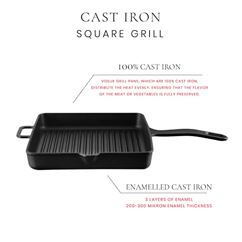 Voeux Kitchenware-Cast Iron Square Grill Pan,Griddle Nonstick Stove Top Grill Pan,Oven, Broiler, Grill Safe, Kitchen Skillet Restaurant Chef Pan, Easy Grease Draining For Grilling (Matte Black, 9.8)