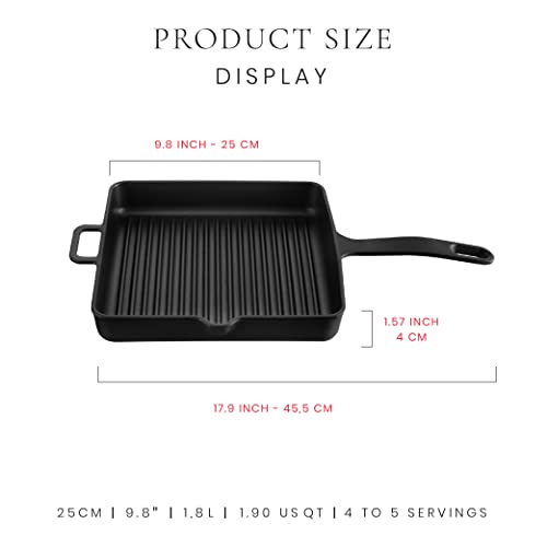 Voeux Kitchenware-Cast Iron Square Grill Pan,Griddle Nonstick Stove Top Grill Pan,Oven, Broiler, Grill Safe, Kitchen Skillet Restaurant Chef Pan, Easy Grease Draining For Grilling (Matte Black, 9.8)