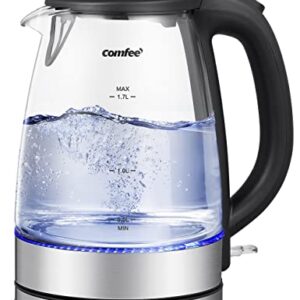 COMFEE' Glass Electric Tea Kettle & Hot Water Boiler, 1.7L, Cordless with LED Indicator, 1500W Fast Boil, Auto Shut-Off and Boil-Dry Protection