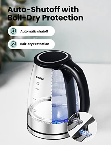 COMFEE' Glass Electric Tea Kettle & Hot Water Boiler, 1.7L, Cordless with LED Indicator, 1500W Fast Boil, Auto Shut-Off and Boil-Dry Protection