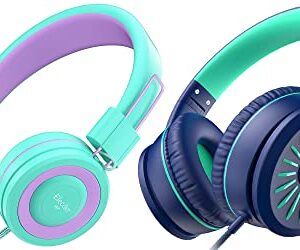 ELECDER i37 Kids Headphones & i45 Wired Headphones with Mic - Foldable Adjustable 3.5mm Jack On Ear Headphones for School Kids Smartphones Computer Kindle Tablet Children Girls Boys Teens Green&Blue