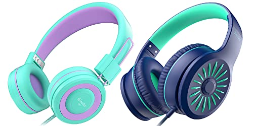 ELECDER i37 Kids Headphones & i45 Wired Headphones with Mic - Foldable Adjustable 3.5mm Jack On Ear Headphones for School Kids Smartphones Computer Kindle Tablet Children Girls Boys Teens Green&Blue