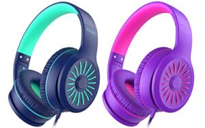 elecder i45 on-ear headphones with microphone - foldable stereo bass headphones with no-tangle 1.5m cord, 3.5mm jack, portable wired headphones for school/kid/teen/smartphone/travel/tablet blue/purple