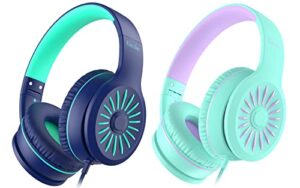 elecder i45 on-ear headphones with microphone - foldable stereo bass headphones with no-tangle 1.5m cord, 3.5mm jack, portable wired headphones for school/kids/teen/smartphone/travel/tablet blue/green
