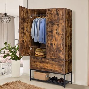 VINGLI Armoire, Wardrobe Closet with Hanging Rod, Bedroom 71" Freestanding Wardrobe Cabinet with Doors, Adjustable Shelves and Drawer, Open Compartment, Rustic Brown