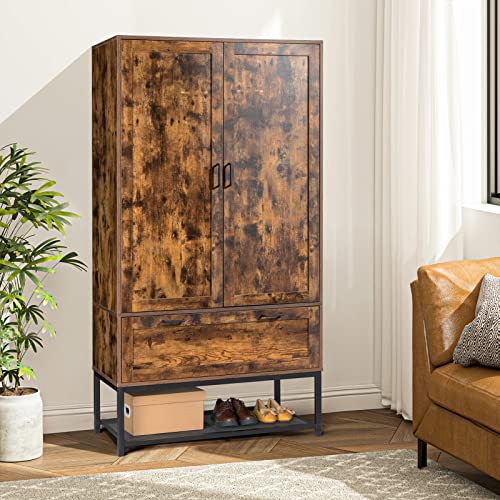 VINGLI Armoire, Wardrobe Closet with Hanging Rod, Bedroom 71" Freestanding Wardrobe Cabinet with Doors, Adjustable Shelves and Drawer, Open Compartment, Rustic Brown