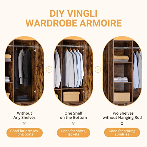 VINGLI Armoire, Wardrobe Closet with Hanging Rod, Bedroom 71" Freestanding Wardrobe Cabinet with Doors, Adjustable Shelves and Drawer, Open Compartment, Rustic Brown