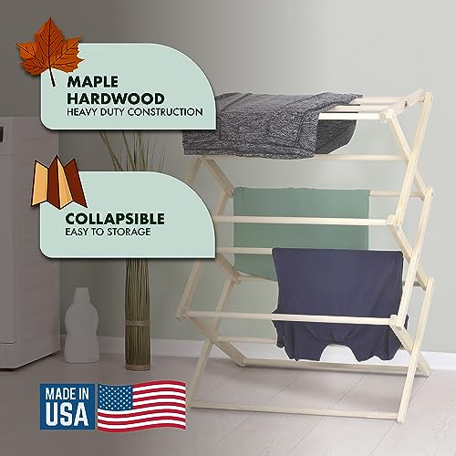 Pennsylvania Woodworks Premium American Maple Clothes Drying Rack - Handcrafted in Pennsylvania - Solid Wood Construction, Collapsible, Eco-Friendly Laundry Solution (Large)