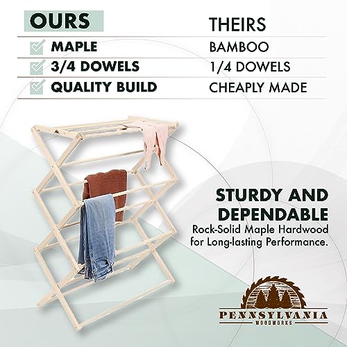 Pennsylvania Woodworks Premium American Maple Clothes Drying Rack - Handcrafted in Pennsylvania - Solid Wood Construction, Collapsible, Eco-Friendly Laundry Solution (Large)