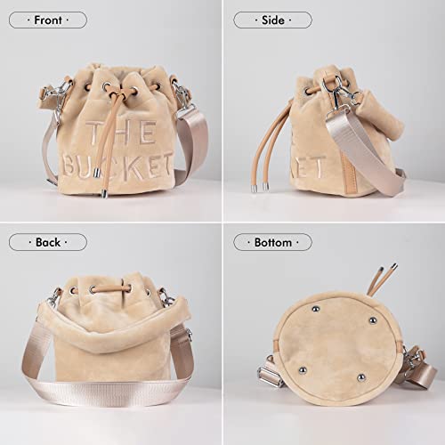 JQAliMOVV Mini Bucket Bag for Women, Purses Soft Plush Crossbody Drawstring Handbags, Hobo Bag (Khaki)