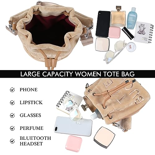 JQAliMOVV Mini Bucket Bag for Women, Purses Soft Plush Crossbody Drawstring Handbags, Hobo Bag (Khaki)