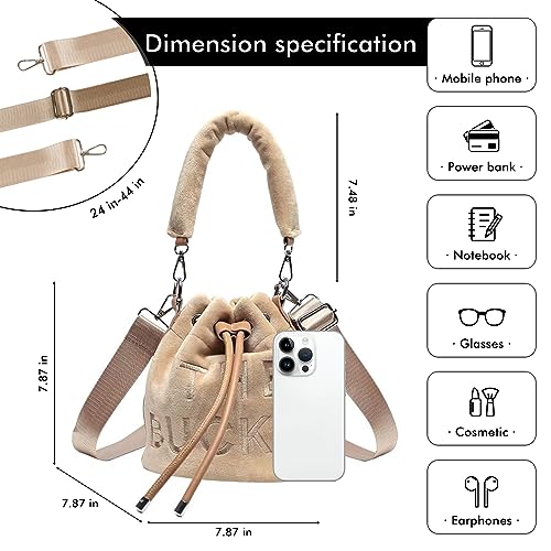 JQAliMOVV Mini Bucket Bag for Women, Purses Soft Plush Crossbody Drawstring Handbags, Hobo Bag (Khaki)