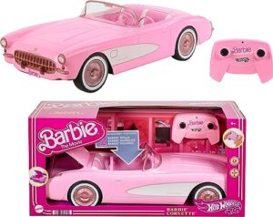 hot wheels rc barbie corvette, battery-operated remote-control toy car from barbie the movie, holds 2 barbie dolls, trunk opens for storage