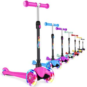 beleev a1 scooter for kids ages 2-6, 3 wheel scooter for toddlers girls boys, pu light-up wheels, 4 adjustable height, lean to steer, non-slip deck, three wheel kick push scooter for children (pink)
