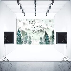 Aperturee Winter Mountain Baby Shower Backdrop 7x5ft Baby It's Cold Outside Decorations Banner Snow Forest Snowflake Photography Background Woodland Adventure Gender Neutral Party Supplies