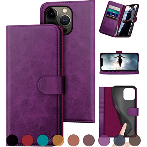 DuckSky for iPhone 14 Pro 6.1" Genuine Leather Wallet case 【RFID Blocking】【4 Credit Card Holder】【Real Leather】 Flip Folio Book Phone case Protective Cover Women Men for Apple 14Pro 5G case Purple