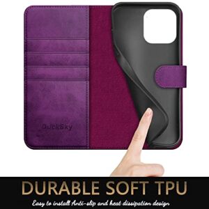 DuckSky for iPhone 14 Pro 6.1" Genuine Leather Wallet case 【RFID Blocking】【4 Credit Card Holder】【Real Leather】 Flip Folio Book Phone case Protective Cover Women Men for Apple 14Pro 5G case Purple
