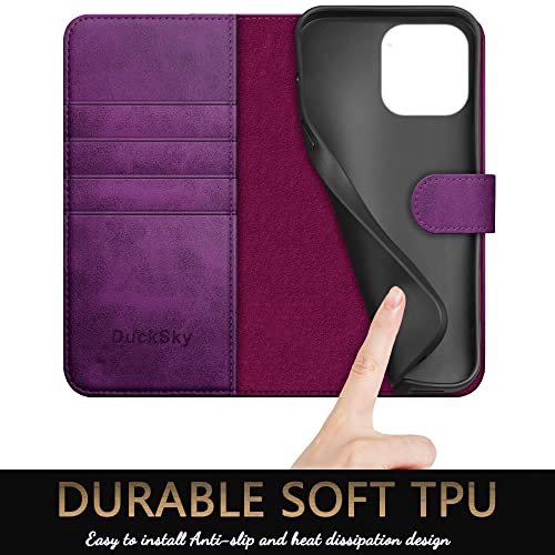 DuckSky for iPhone 14 Pro 6.1" Genuine Leather Wallet case 【RFID Blocking】【4 Credit Card Holder】【Real Leather】 Flip Folio Book Phone case Protective Cover Women Men for Apple 14Pro 5G case Purple