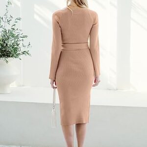 ANRABESS Womens 2023 Fall Fashion Trendy Long Sleeve Bodycon Sweater Dress Sweetheart Neck Slim Fit Tie Waist Cute Ribbid Knitted Midi Dresses with Slit 612hongxing-S