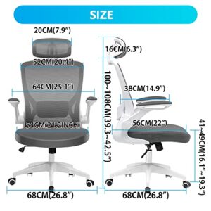 KERDOM Ergonomic Office Chair, Breathable Mesh Desk Chair, Lumbar Support Computer Chair with Headrest and Flip-up Arms, Swivel Task Chair, Adjustable Height Gaming Chair, Darkgray