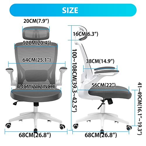 KERDOM Ergonomic Office Chair, Breathable Mesh Desk Chair, Lumbar Support Computer Chair with Headrest and Flip-up Arms, Swivel Task Chair, Adjustable Height Gaming Chair, Darkgray