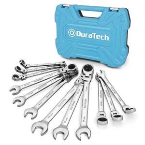 duratech 12-piece flex-head ratcheting combination wrench set, 72-tooth, metric, 8-19mm, cr-v steel, organized in storage case