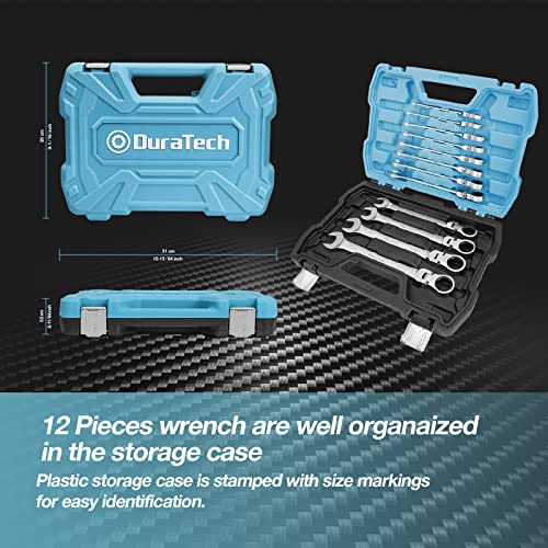 DURATECH 12-Piece Flex-Head Ratcheting Combination Wrench Set, 72-Tooth, Metric, 8-19mm, Cr-v Steel, Organized in Storage Case